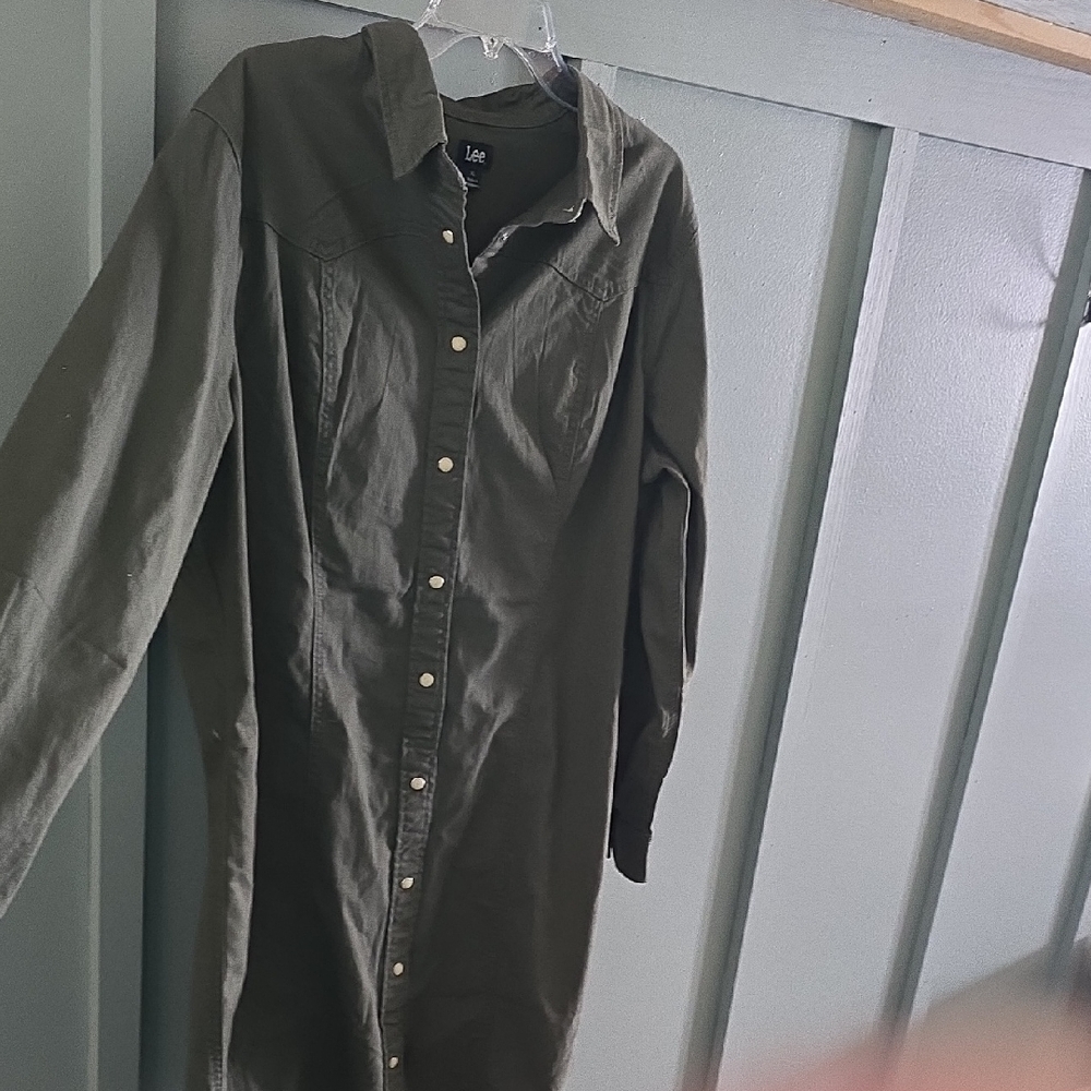Lee Olive Button-Front Long Sleeve Shirt Dress